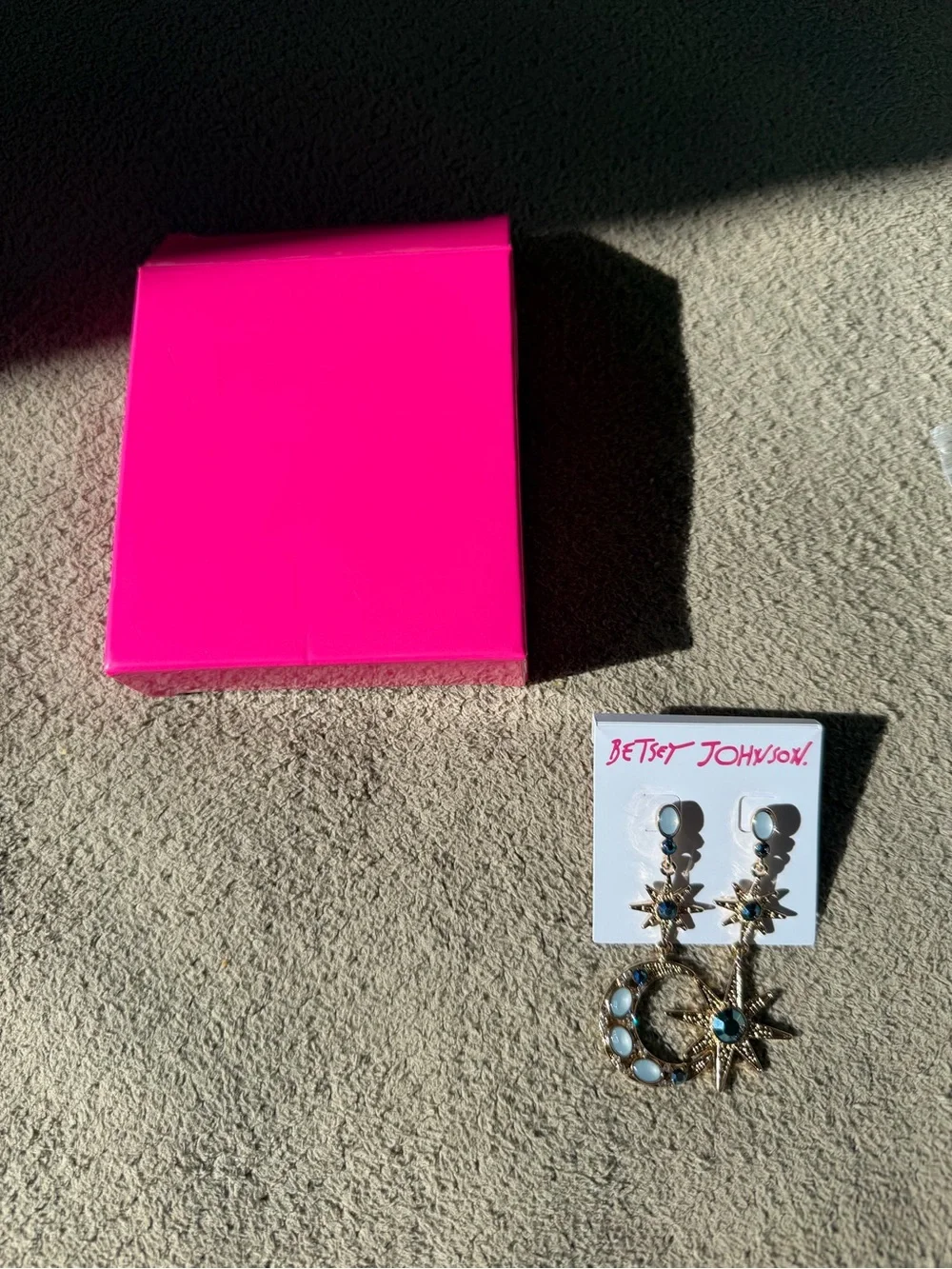 Betsey Johnson Gold-Tone Moon & Star Drop Earrings with Blue Gems - Picture 2 of 4